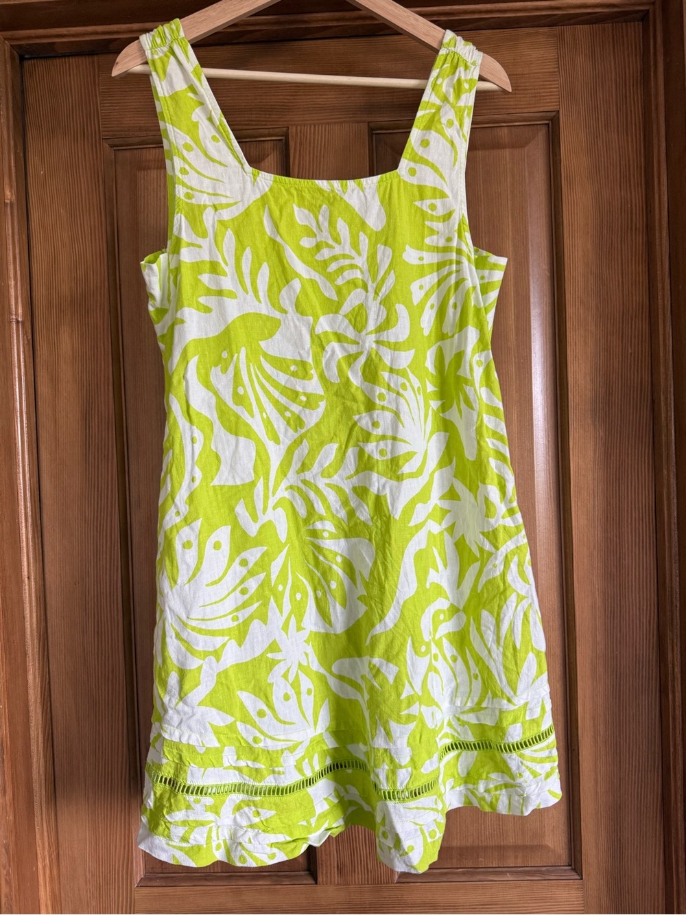 Linen Lime Green and White Sleeveless Tropical Print Dress
